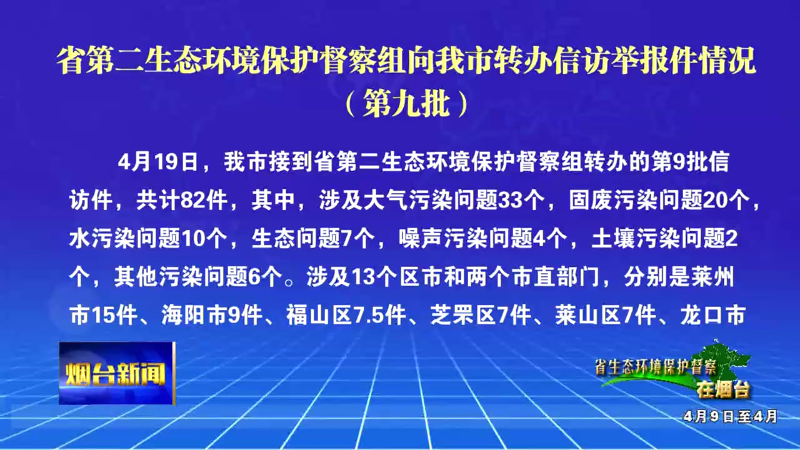 【烟台新闻】省第二生态环境保护督察组向我市转办信访举报件情况（第九批）