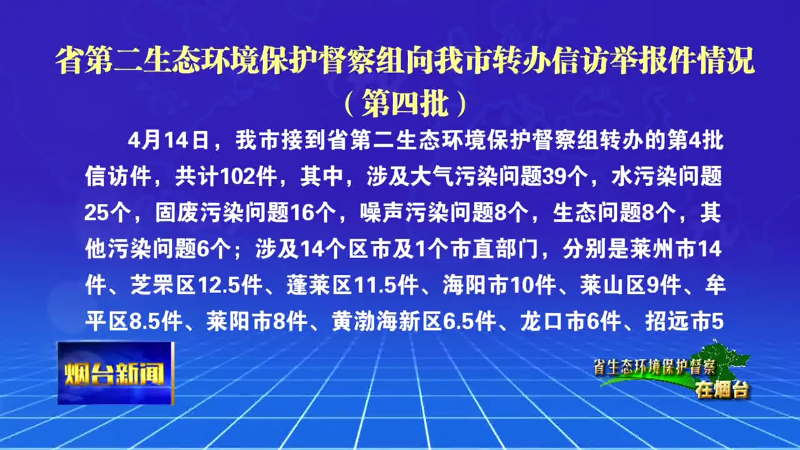 【烟台新闻】省第二生态环境保护督察组向我市转办信访举报件情况（第四批）