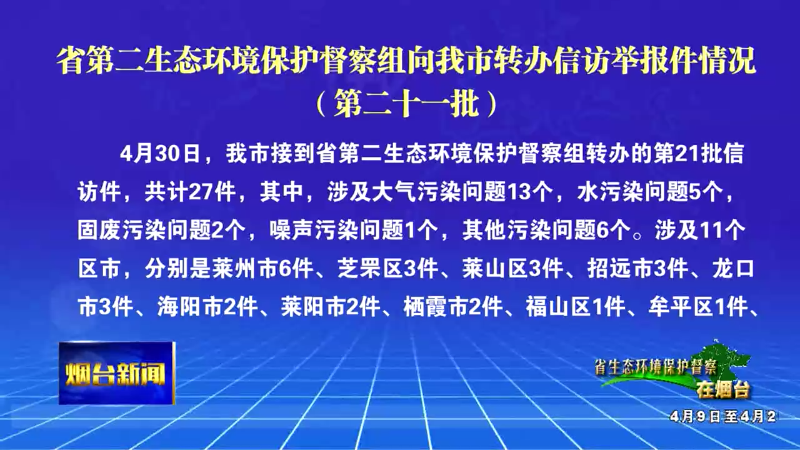 【烟台新闻】省第二生态环境保护督察组向我市转办信访举报件情况（第二十一批）