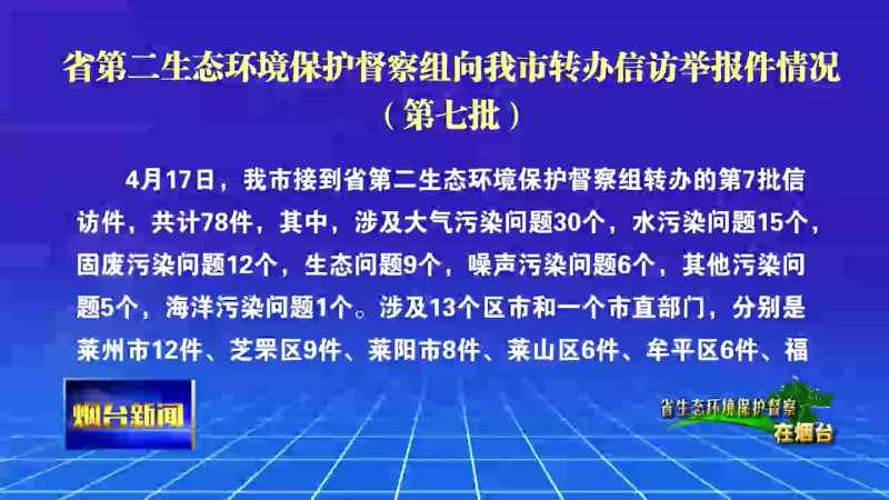 【烟台新闻】省第二生态环境保护督察组向我市转办信访举报件情况（第七批）