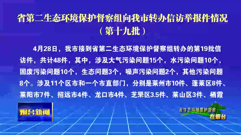 【烟台新闻】省第二生态环境保护督察组向我市转办信访举报件情况（第十九批）